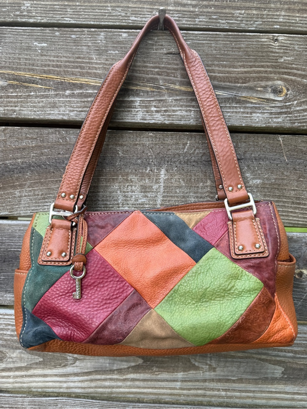 Vintage Fossil Multicolor Patchwork Leather Suede Shoulder Bag Y2K 90s Boho - Picture 2 of 14